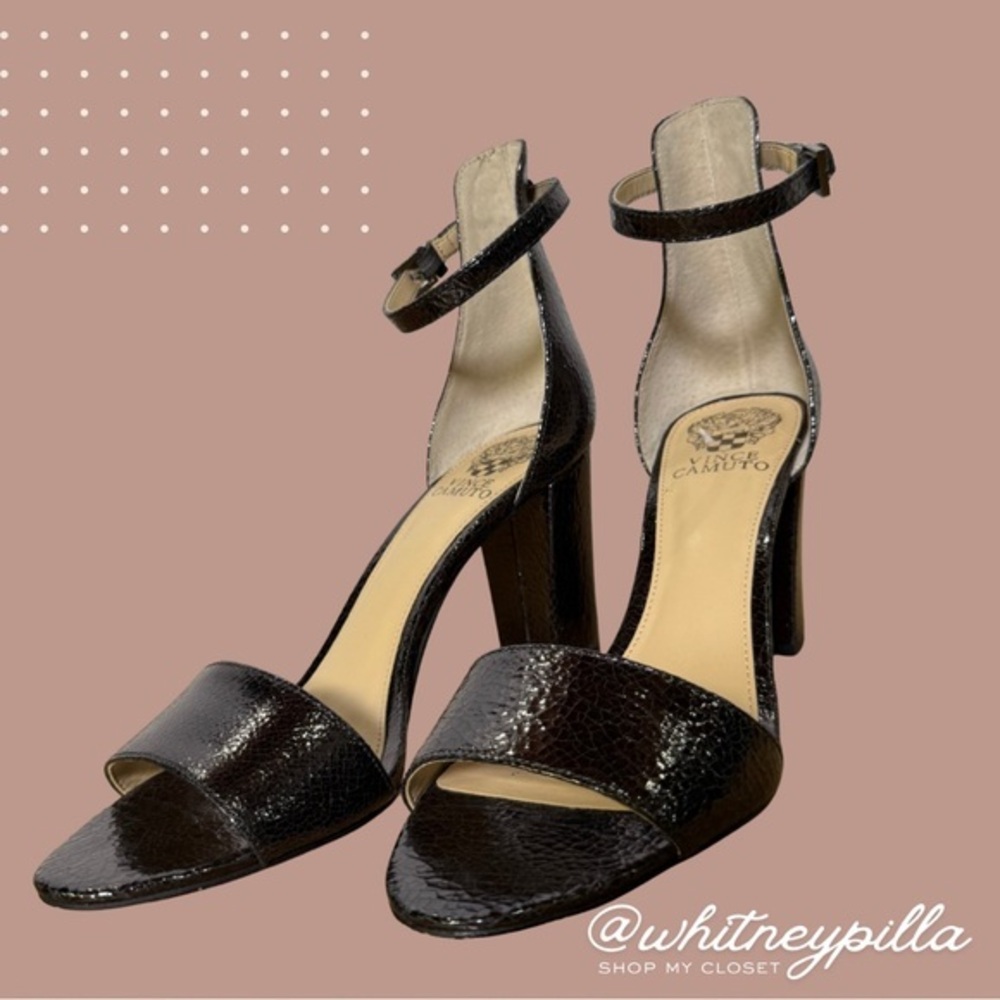 Vince Camuto Patent leather Black Textured Ankle Strap Block Heel Sandals Size 9